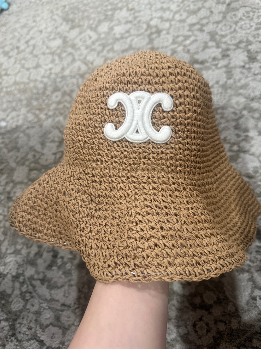 Celine Woven Straw Bucket Hat in Tan with White Logo Patch